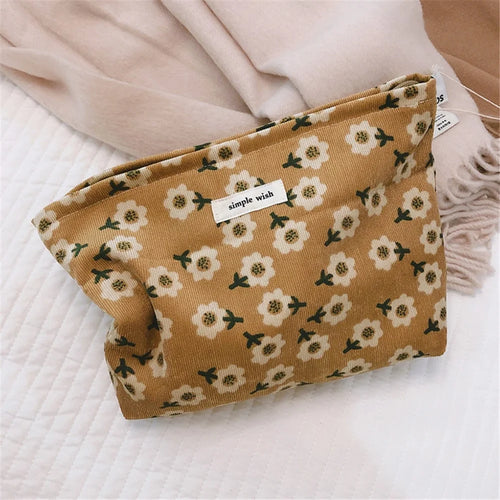 142 Vintage Flower Pattern Makeup Bag Corduroy Travel Toiletry Organizer Smooth Zipper Cosmetic Pouch - Yellow - 1