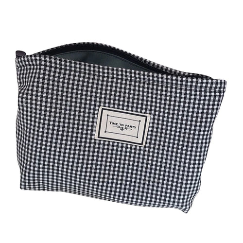 631 Classic Grid Pattern Makeup Bag Women Travel Toiletry Organizer Canvas Cosmetic Pouch - Black / Fine Grid - 1