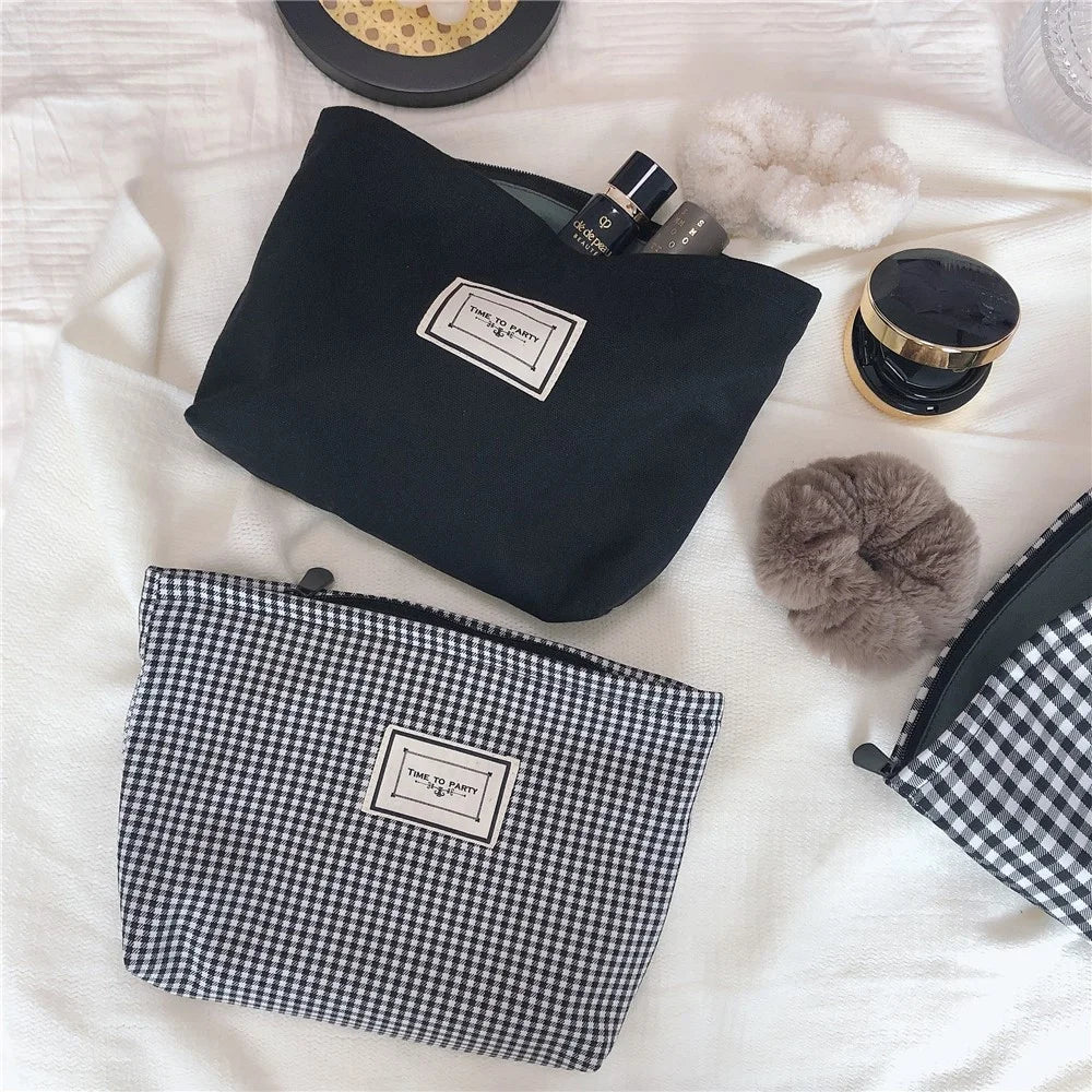 631 Classic Grid Pattern Makeup Bag Women Travel Toiletry Organizer Canvas Cosmetic Pouch - Black / Fine Grid - 6