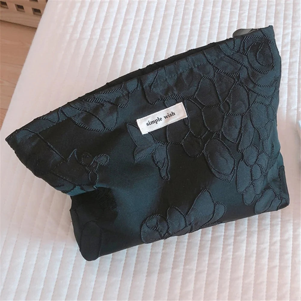 148 Women Embossed Flower Canvas Makeup Bag Travel Toiletry Organizer Cosmetic Pouch - Black - 1