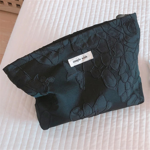 148 Women Embossed Flower Canvas Makeup Bag Travel Toiletry Organizer Cosmetic Pouch - Black - 1