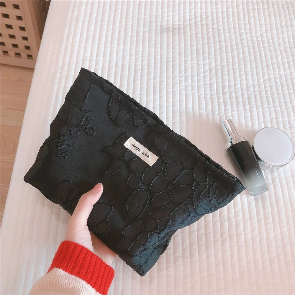 148 Women Embossed Flower Canvas Makeup Bag Travel Toiletry Organizer Cosmetic Pouch - Black - 2