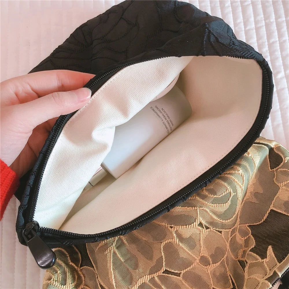 148 Women Embossed Flower Canvas Makeup Bag Travel Toiletry Organizer Cosmetic Pouch - Black - 3