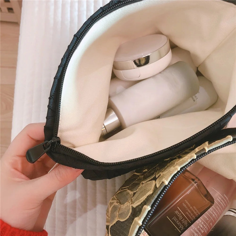 148 Women Embossed Flower Canvas Makeup Bag Travel Toiletry Organizer Cosmetic Pouch - Black - 5