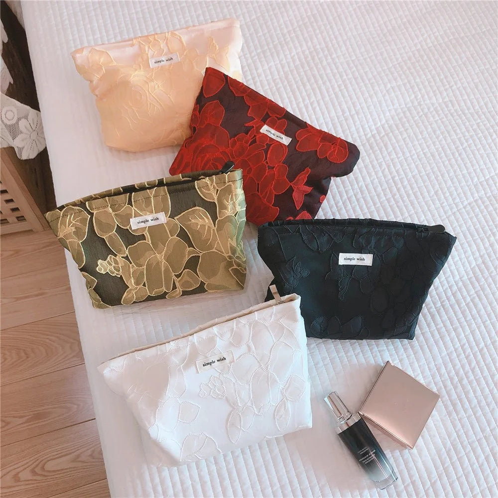 148 Women Embossed Flower Canvas Makeup Bag Travel Toiletry Organizer Cosmetic Pouch - Black - 6