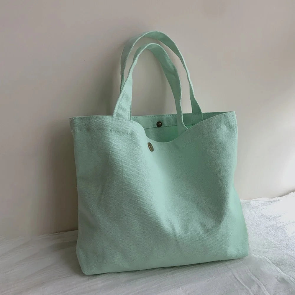 534 Solid Color Women Canvas Handbag Snap Button Simple Casual Tote Bag - Baby Blue - 1