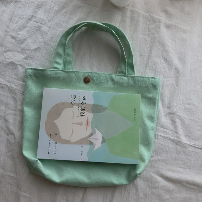 534 Solid Color Women Canvas Handbag Snap Button Simple Casual Tote Bag - Baby Blue - 2