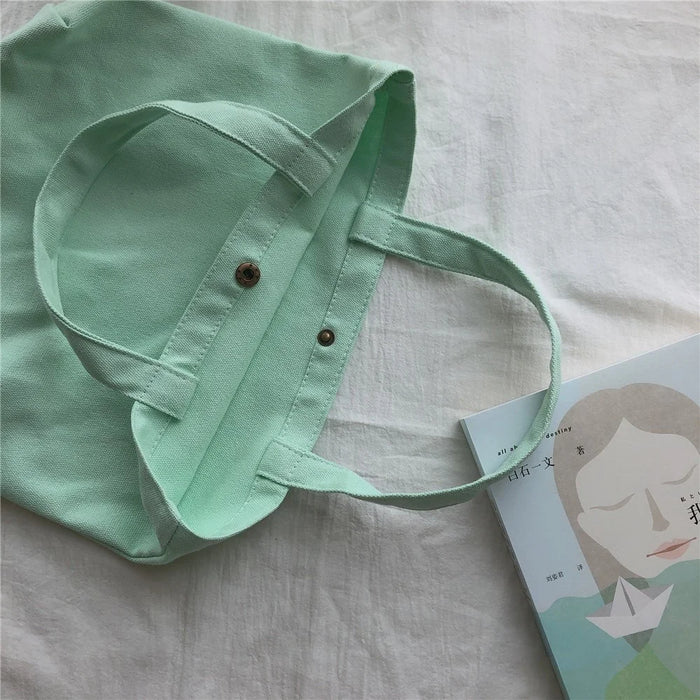 534 Solid Color Women Canvas Handbag Snap Button Simple Casual Tote Bag - Baby Blue - 3