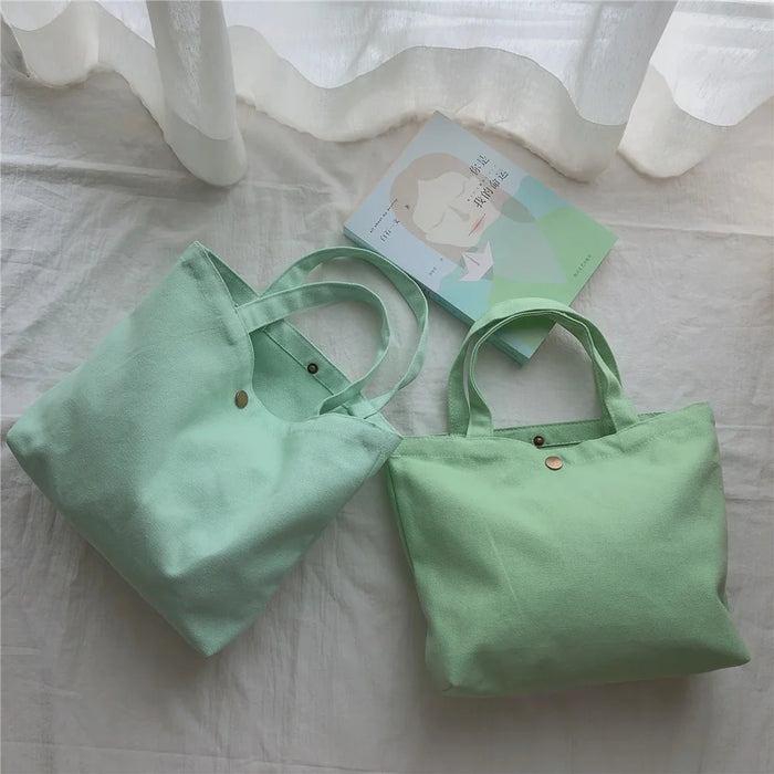 534 Solid Color Women Canvas Handbag Snap Button Simple Casual Tote Bag - Baby Blue - 4