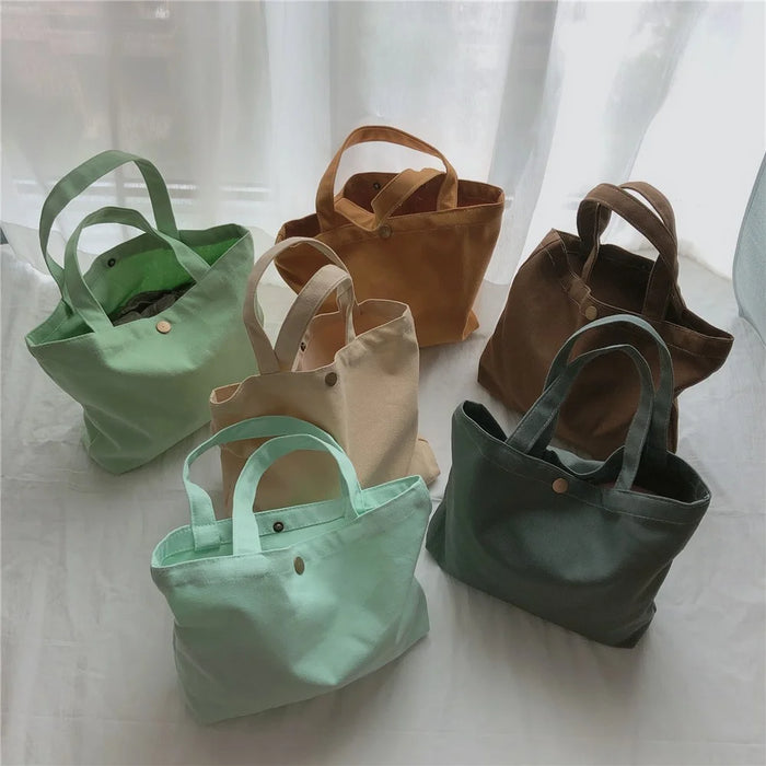 534 Solid Color Women Canvas Handbag Snap Button Simple Casual Tote Bag - Baby Blue - 5