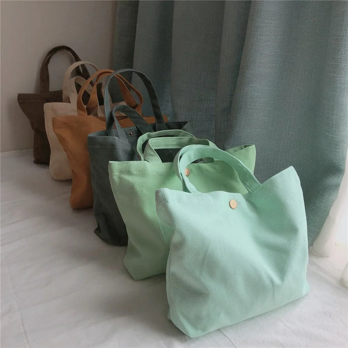 534 Solid Color Women Canvas Handbag Snap Button Simple Casual Tote Bag - Baby Blue - 6