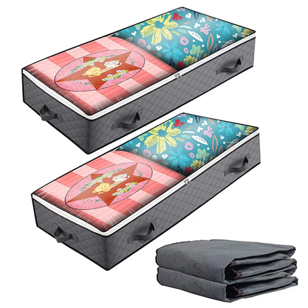 KZ-001001 2Pcs 100*50*15cm Transparent Window Under Bed Foldable Storage Bag Zippered Organizer Blankets Clothes Storage Bin - Grey - 1