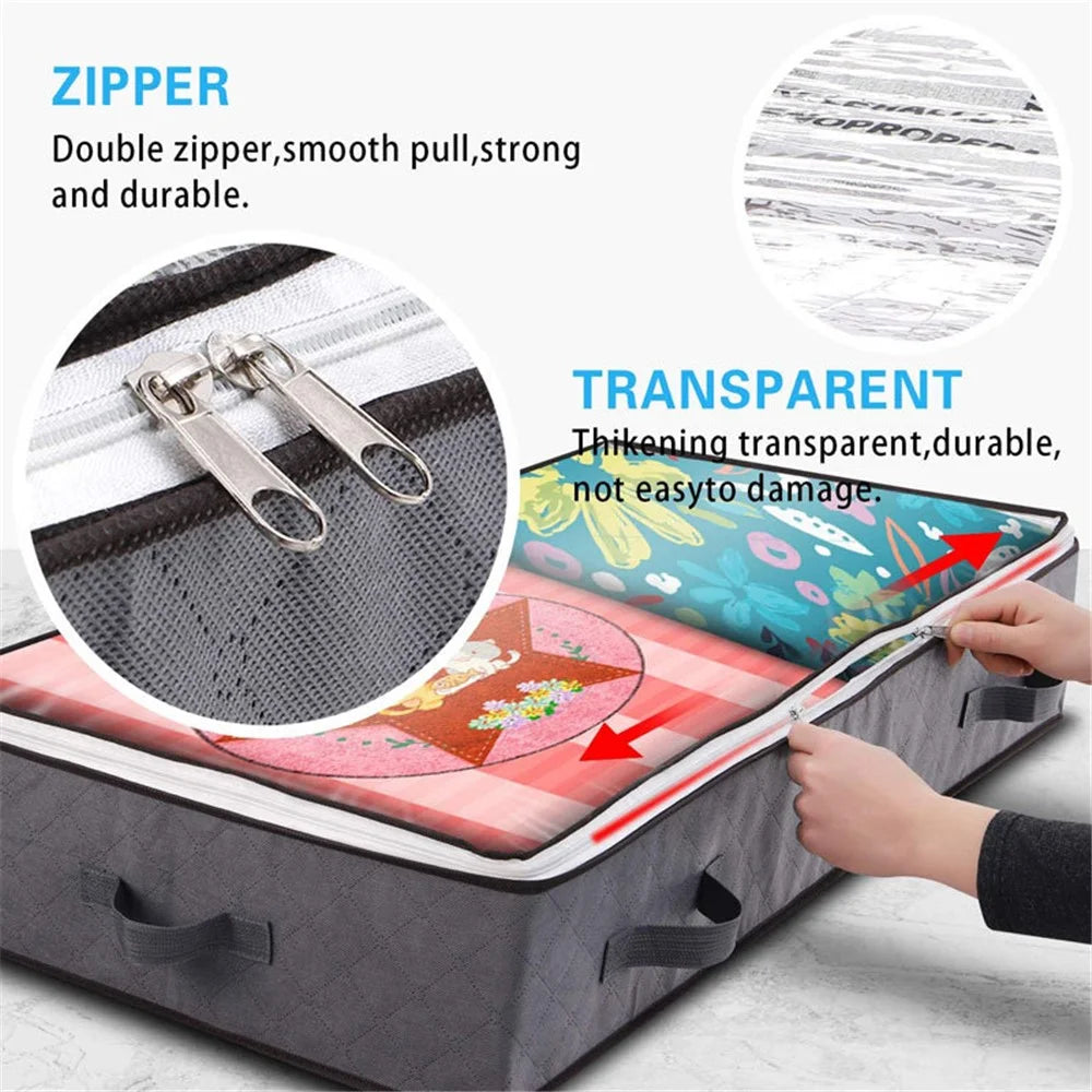KZ-001001 3Pcs 100*50*15cm Foldable Under Bed Blankets Clothes Organizer Storage Bag Zippered Storage Bin with Transparent Window - Grey - 4