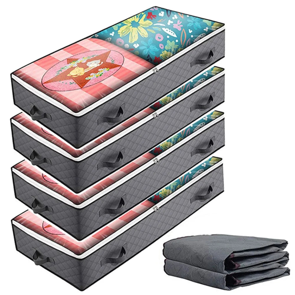 KZ-001001 4Pcs 100*50*15cm Under Bed Zipper Bag with Handle Transparent Window Foldable Blankets Clothes Storage Bin - Grey - 1