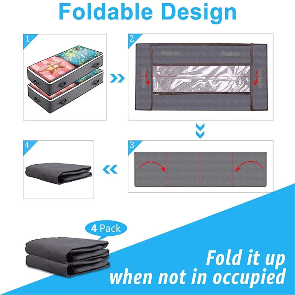 KZ-001001 4Pcs 100*50*15cm Under Bed Zipper Bag with Handle Transparent Window Foldable Blankets Clothes Storage Bin - Grey - 2