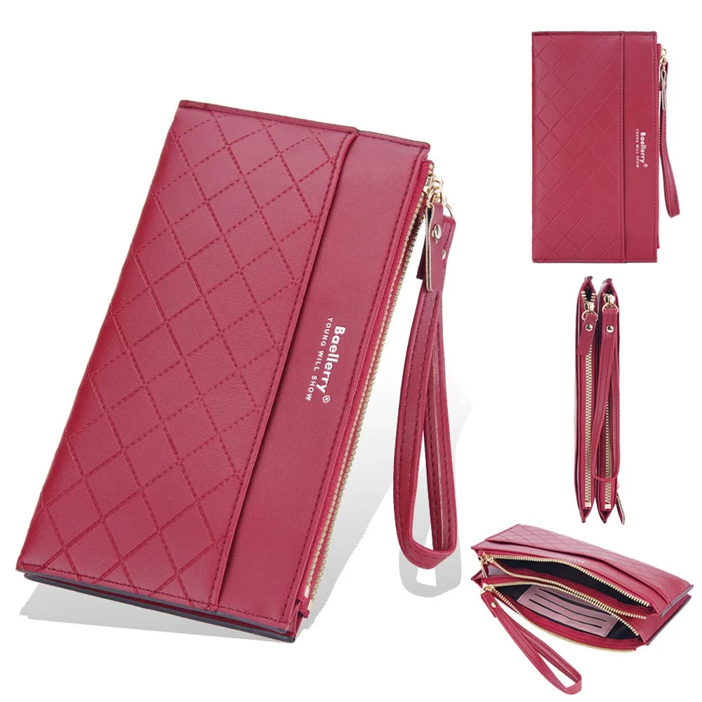 BAELLERRY N3238 Rhombus Stitching Lines Double Zipper Cellphone Clutch Women Purse PU Leather Long Wallet with Hand Strap - Red - 1