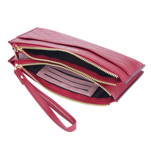 BAELLERRY N3238 Rhombus Stitching Lines Double Zipper Cellphone Clutch Women Purse PU Leather Long Wallet with Hand Strap - Red - 2