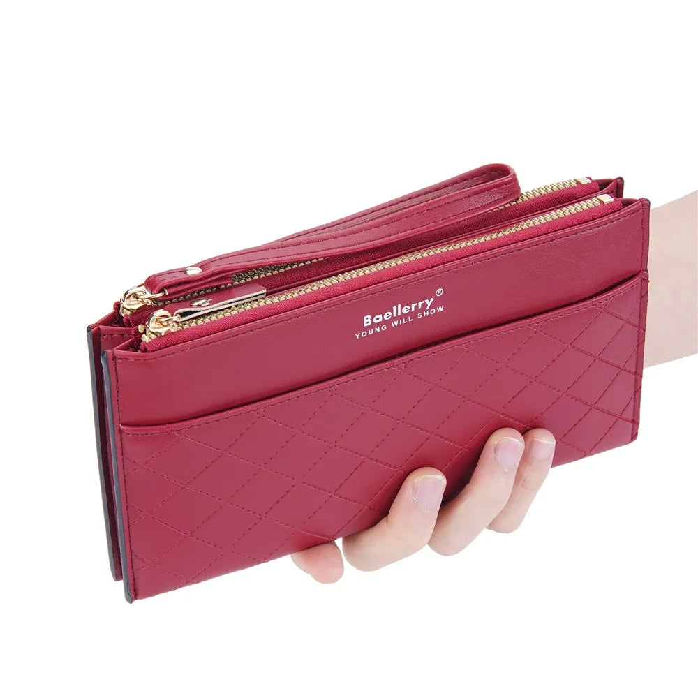 BAELLERRY N3238 Rhombus Stitching Lines Double Zipper Cellphone Clutch Women Purse PU Leather Long Wallet with Hand Strap - Red - 3