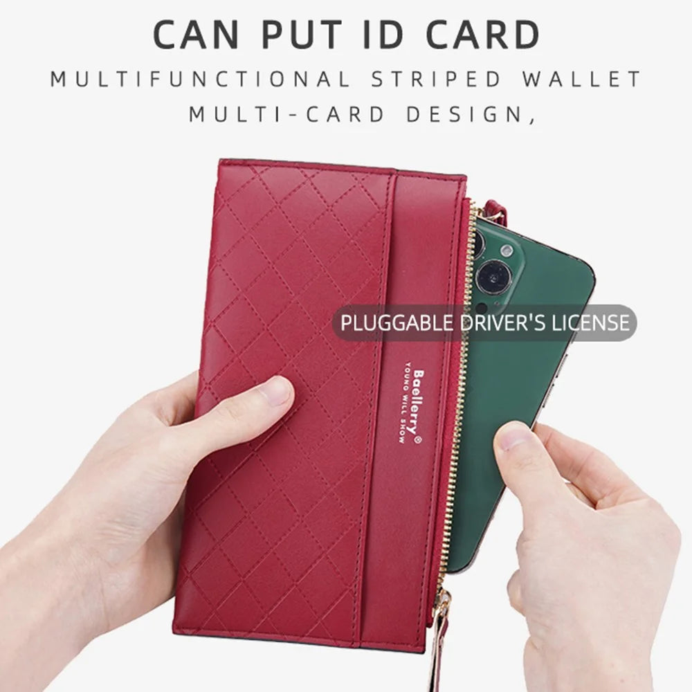 BAELLERRY N3238 Rhombus Stitching Lines Double Zipper Cellphone Clutch Women Purse PU Leather Long Wallet with Hand Strap - Red - 4