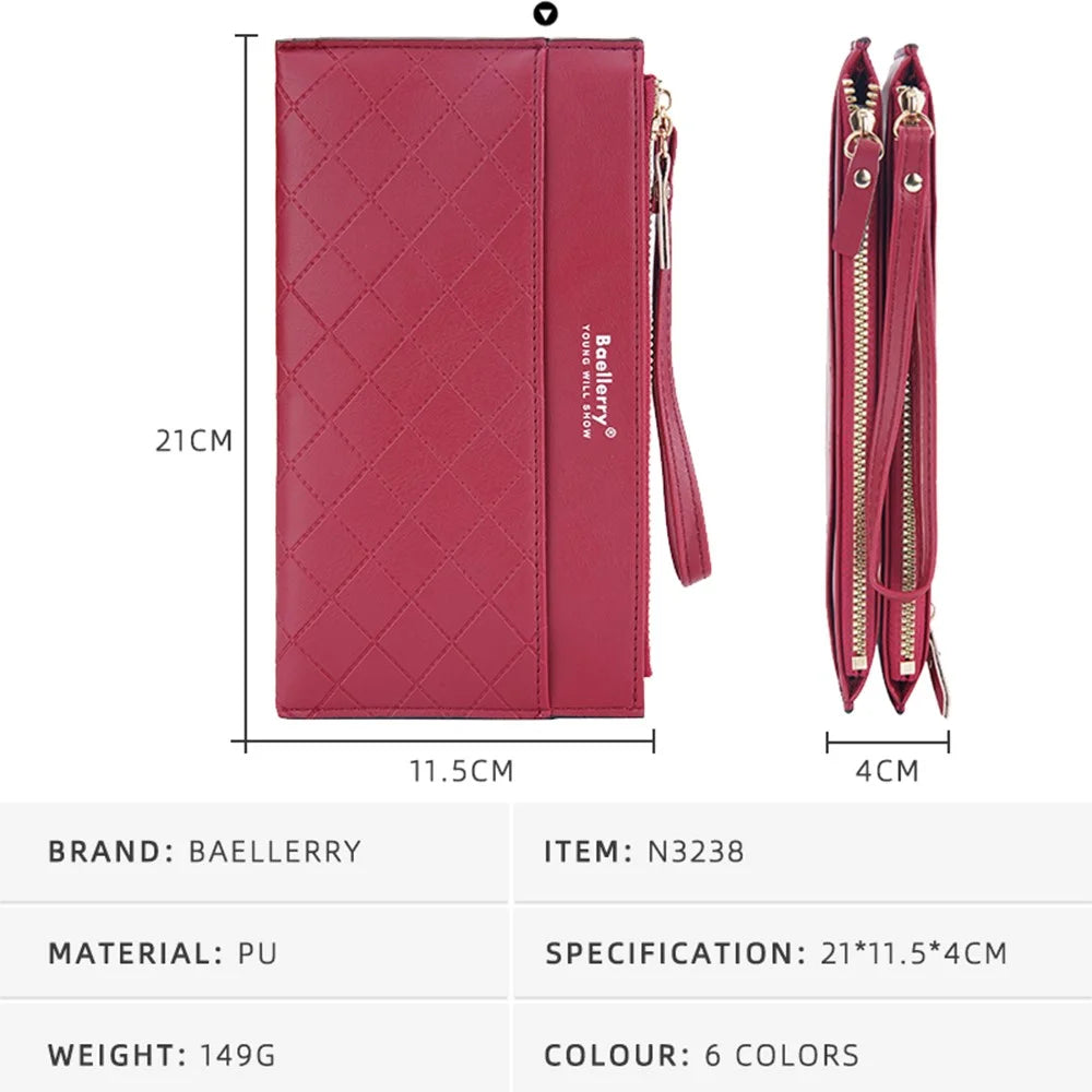 BAELLERRY N3238 Rhombus Stitching Lines Double Zipper Cellphone Clutch Women Purse PU Leather Long Wallet with Hand Strap - Red - 5