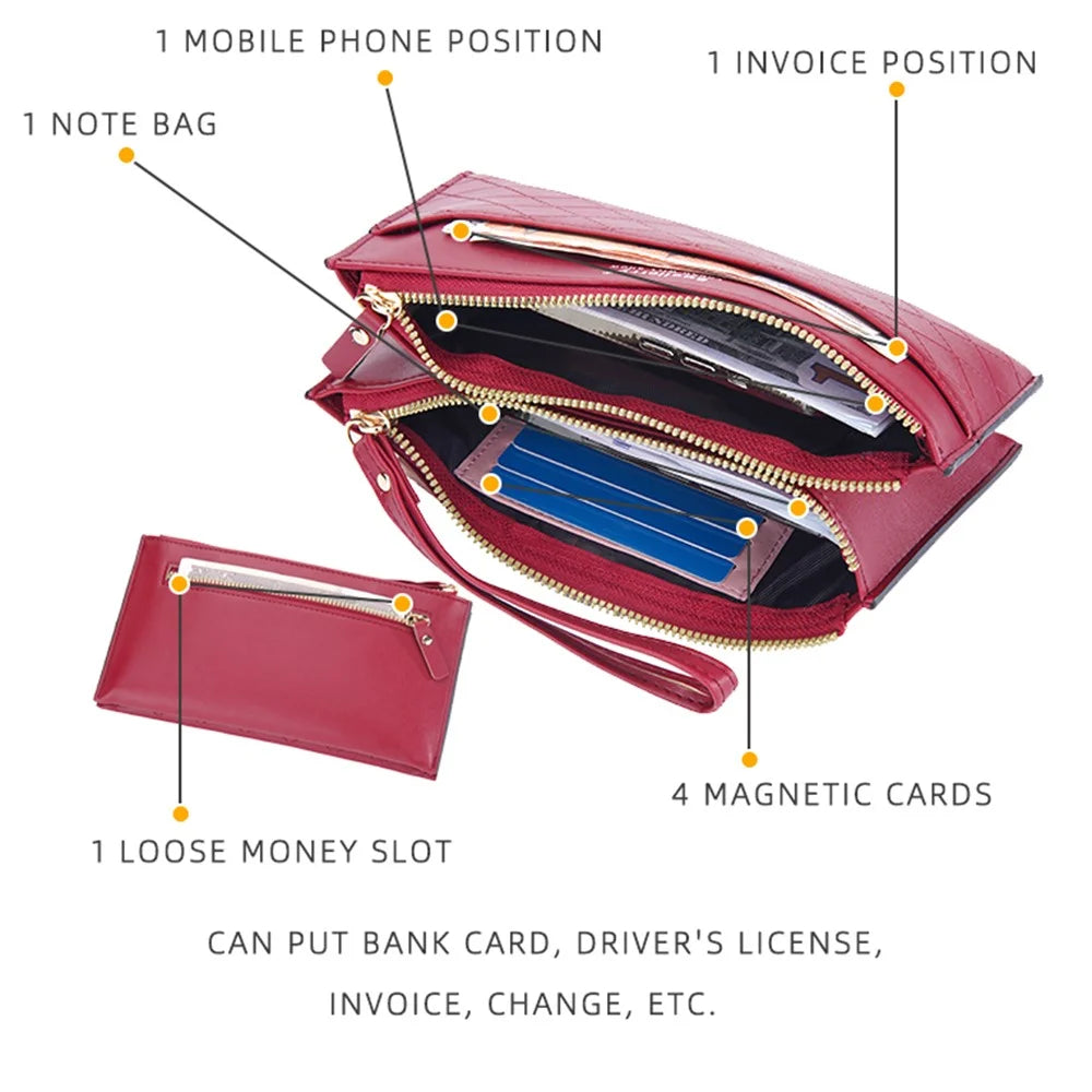 BAELLERRY N3238 Rhombus Stitching Lines Double Zipper Cellphone Clutch Women Purse PU Leather Long Wallet with Hand Strap - Red - 6