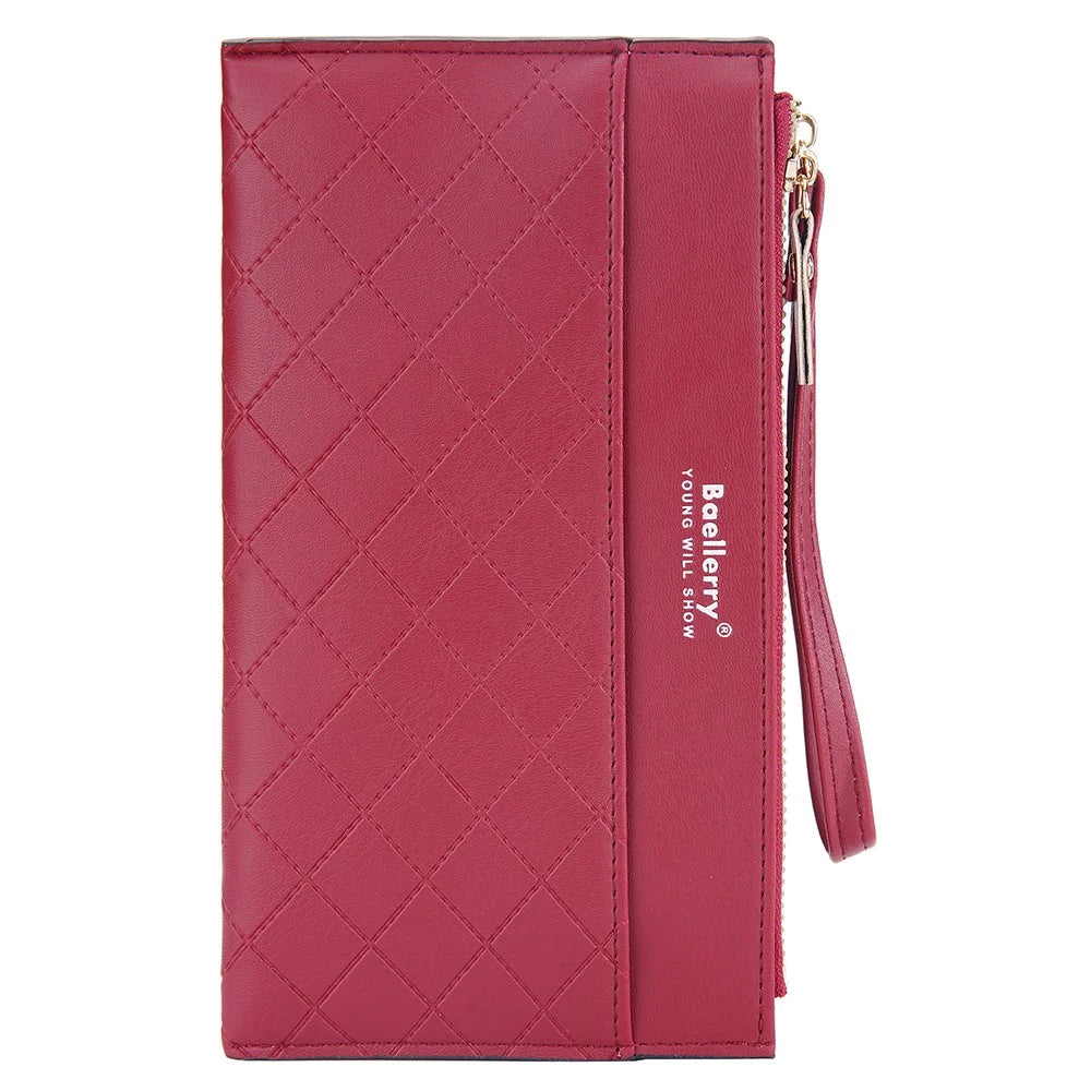 BAELLERRY N3238 Rhombus Stitching Lines Double Zipper Cellphone Clutch Women Purse PU Leather Long Wallet with Hand Strap - Red - 7