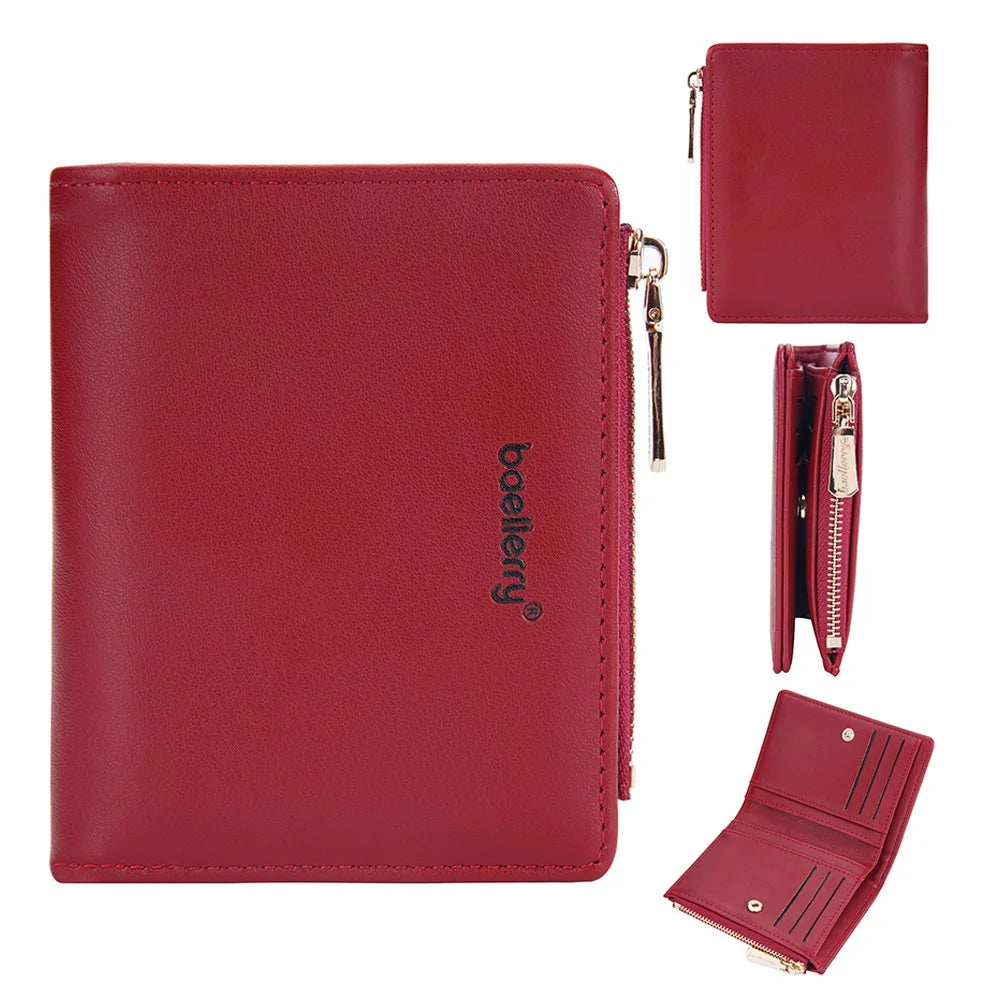 BAELLERRY N8113 Portable Bi-fold Coin Purse Zipper Pocket Design PU Leather Women Short Wallet - Red - 1