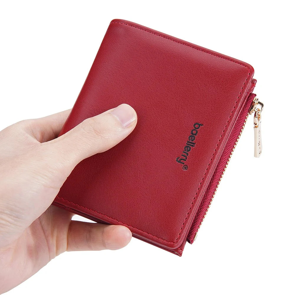 BAELLERRY N8113 Portable Bi-fold Coin Purse Zipper Pocket Design PU Leather Women Short Wallet - Red - 3