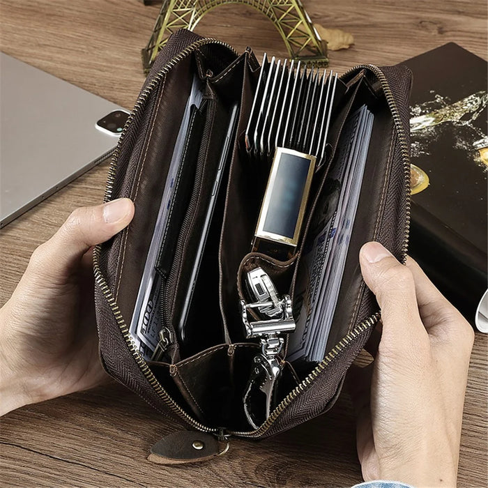 2061 Top Layer Cowhide Leather Long Wallet for Men RFID Blocking Organ Card Holder Clutch Zipper Coin Purse - Coffee - 4