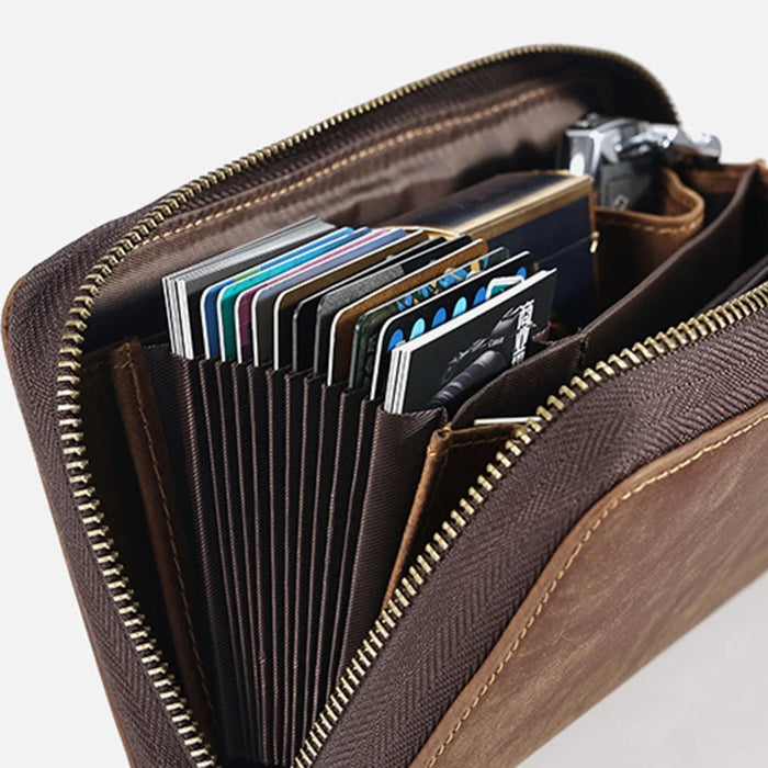 2061 Top Layer Cowhide Leather Long Wallet for Men RFID Blocking Organ Card Holder Clutch Zipper Coin Purse - Coffee - 5