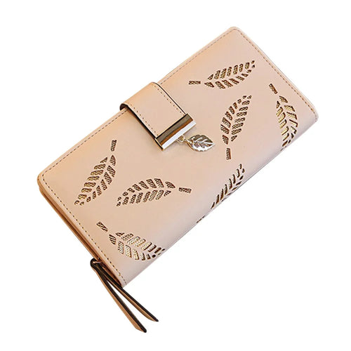 Hollow Leaves PU Leather Wallet for Women Card Holder Long Clutch Bag Zipper Coin Purse - Khaki - 1