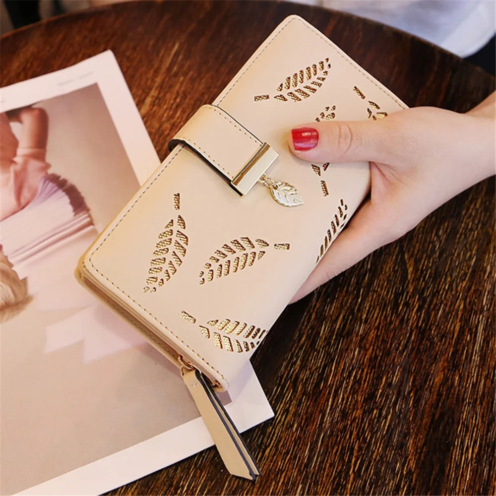 Hollow Leaves PU Leather Wallet for Women Card Holder Long Clutch Bag Zipper Coin Purse - Khaki - 2