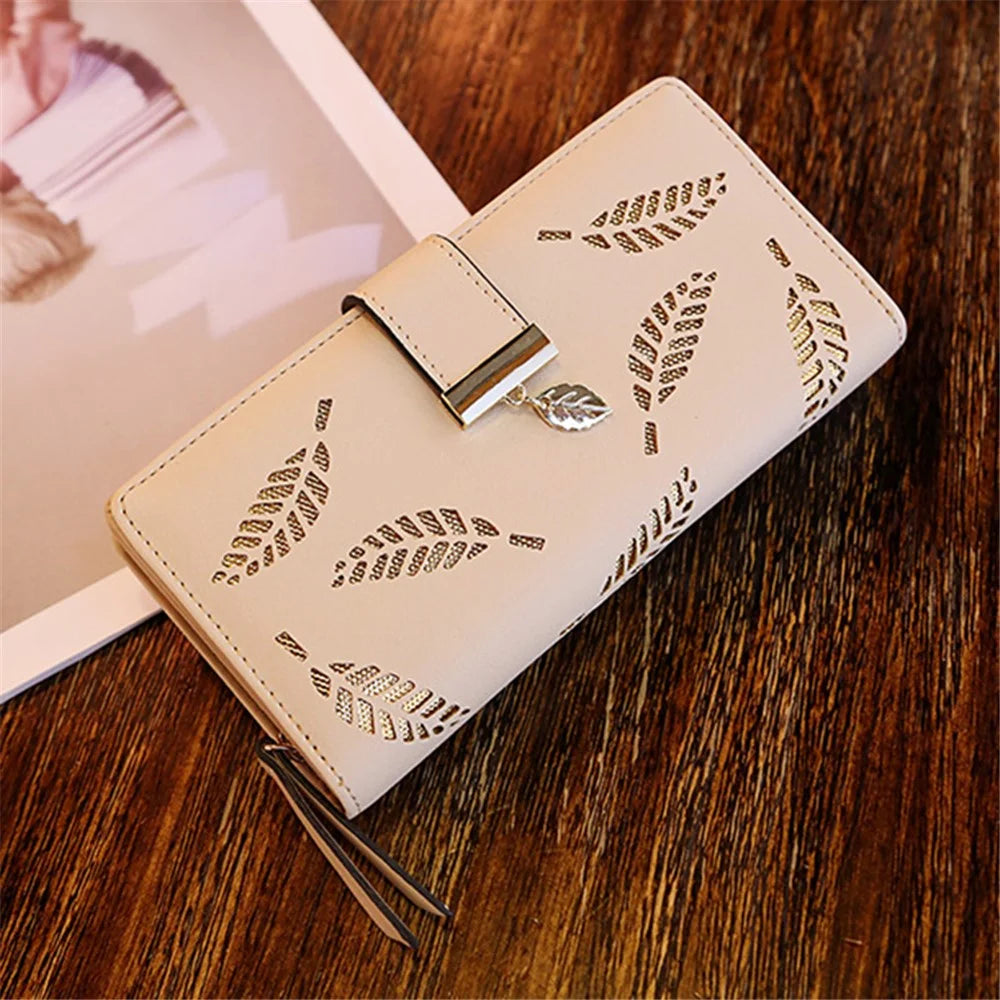 Hollow Leaves PU Leather Wallet for Women Card Holder Long Clutch Bag Zipper Coin Purse - Khaki - 3