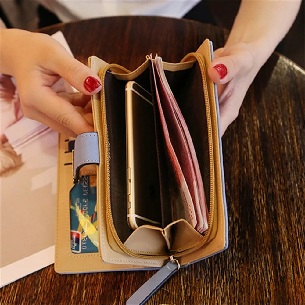 Hollow Leaves PU Leather Wallet for Women Card Holder Long Clutch Bag Zipper Coin Purse - Khaki - 4