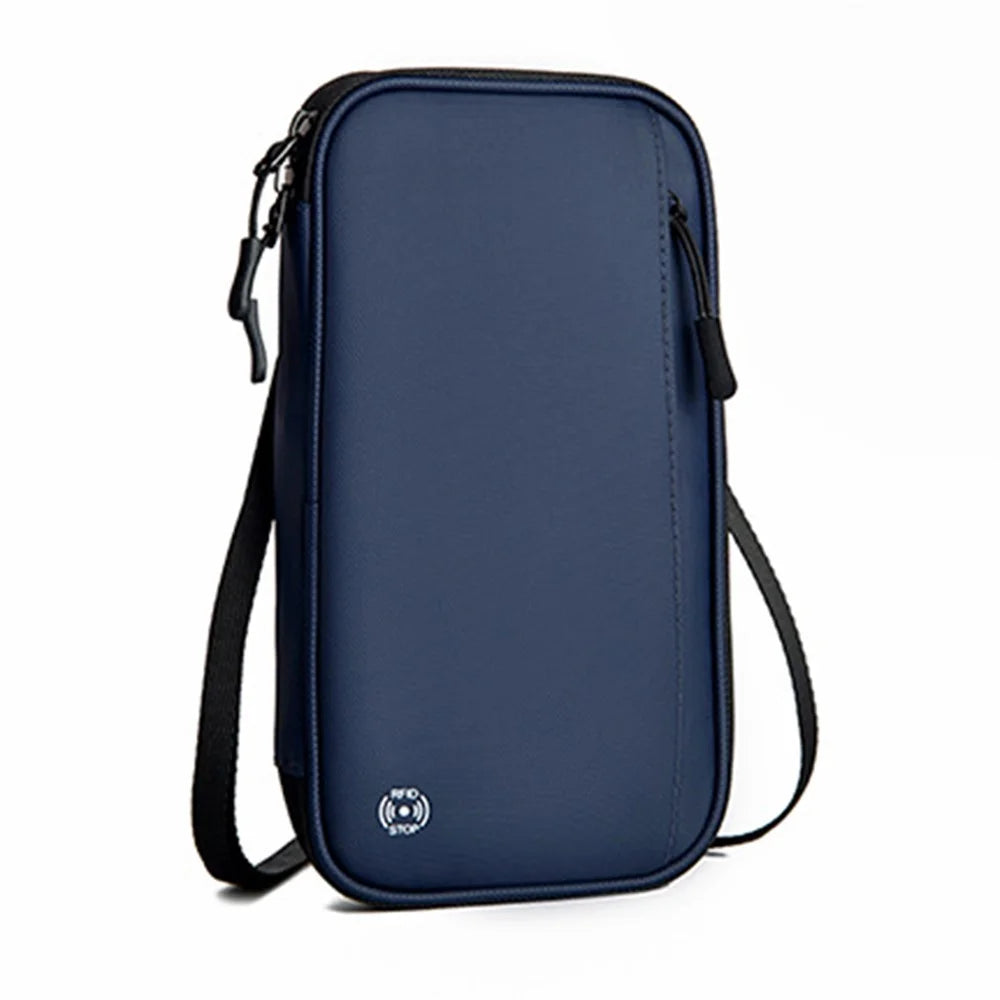 RFID Blocking Travel Passport Holder Waterproof Documents Organizer Zipper Case Clutch Bag with Neck Lanyard - Blue - 1