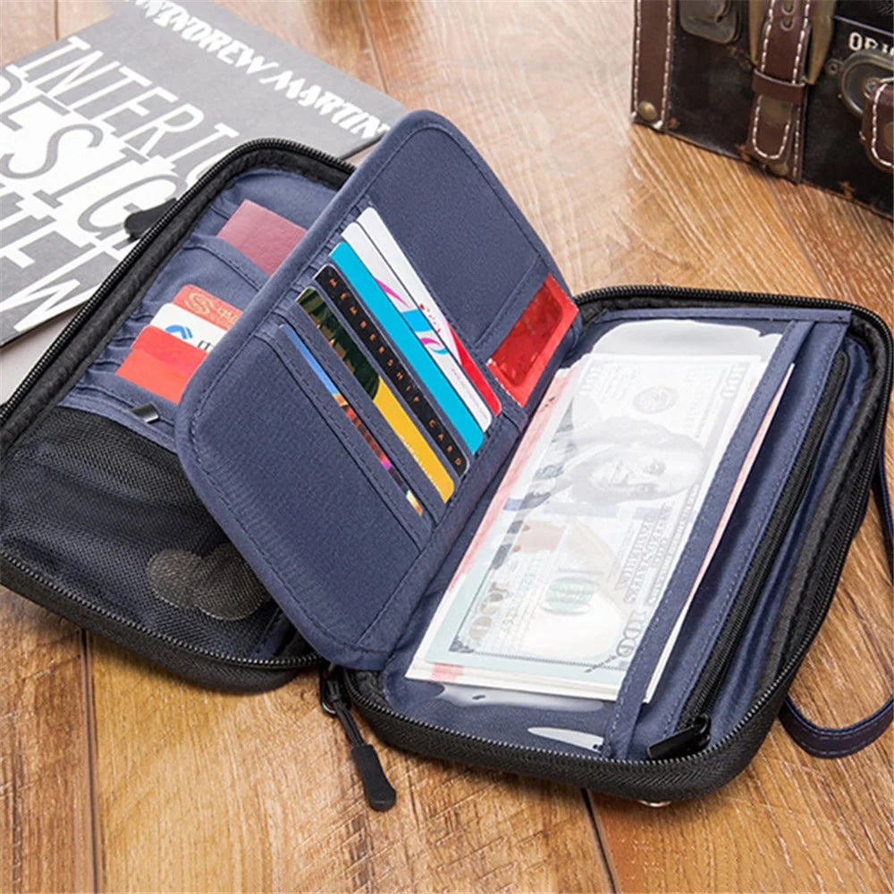 RFID Blocking Travel Passport Holder Waterproof Documents Organizer Zipper Case Clutch Bag with Neck Lanyard - Blue - 2