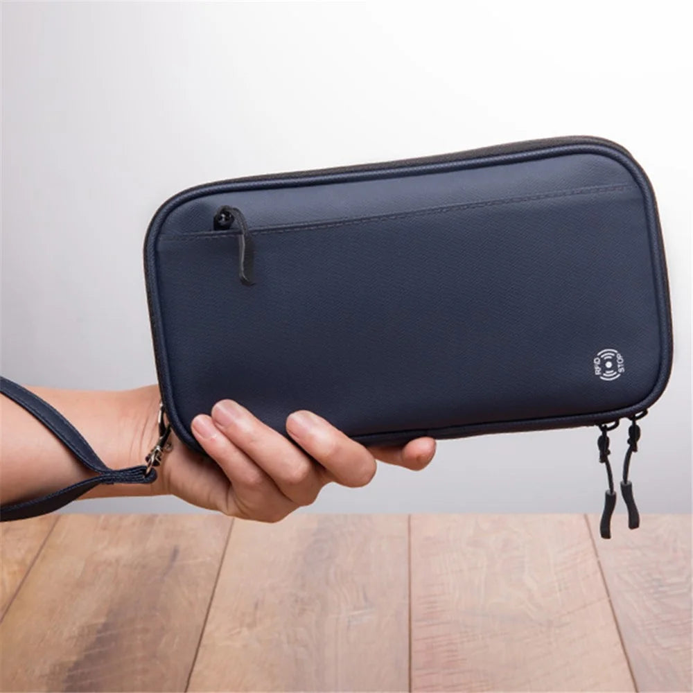 RFID Blocking Travel Passport Holder Waterproof Documents Organizer Zipper Case Clutch Bag with Neck Lanyard - Blue - 4