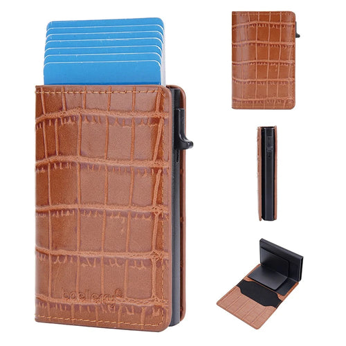 BAELLERRY K9306 Pop Up Card Holder Crocodile Texture PU Leather Zinc Alloy RFID Blocking Card Storage Bag - Brown - 1