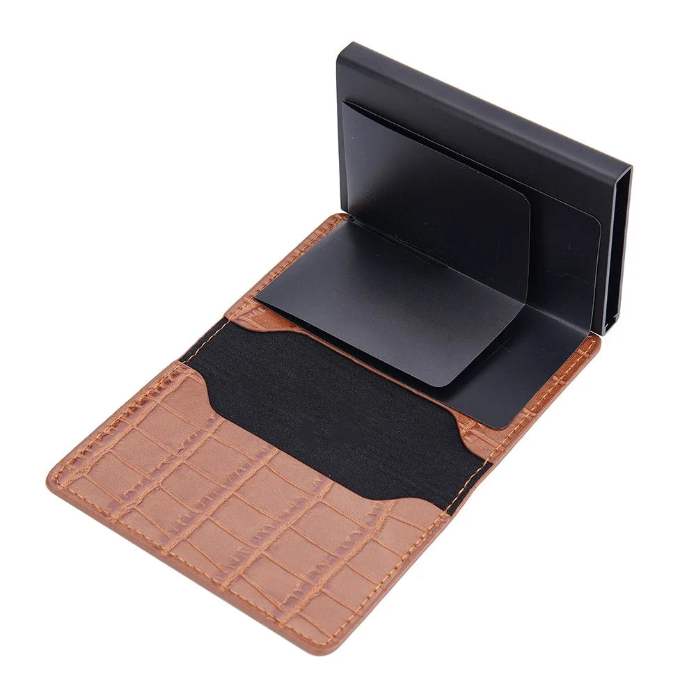 BAELLERRY K9306 Pop Up Card Holder Crocodile Texture PU Leather Zinc Alloy RFID Blocking Card Storage Bag - Brown - 6