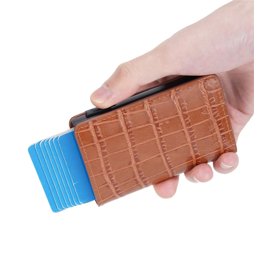 BAELLERRY K9306 Pop Up Card Holder Crocodile Texture PU Leather Zinc Alloy RFID Blocking Card Storage Bag - Brown - 7