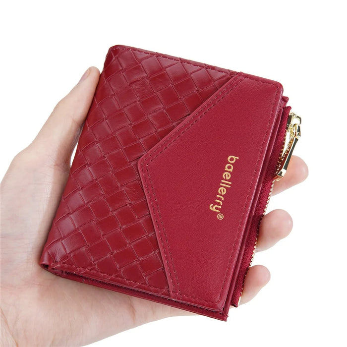 BAELLERRY NR095 Splicing Weave Design Wallet PU Leather Card Holder Small Change Coin Storage Bag - Red - 7