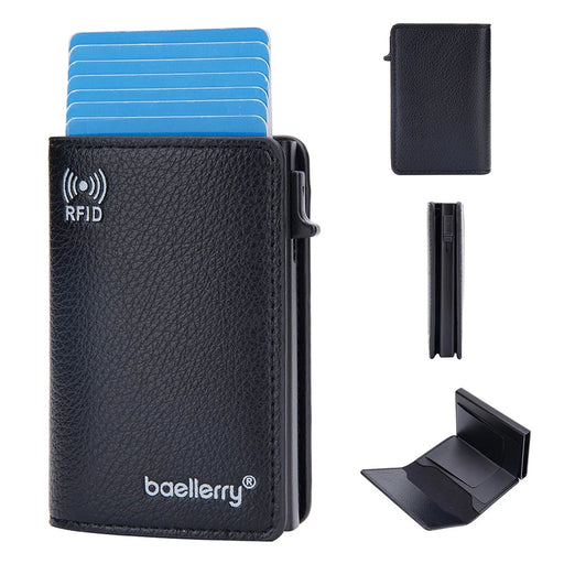 BAELLERRY K9301 RFID Blocking Automatic Pop Up Card Holder Litchi Texture Leather Zinc Alloy Credit Card Case - Black - 1