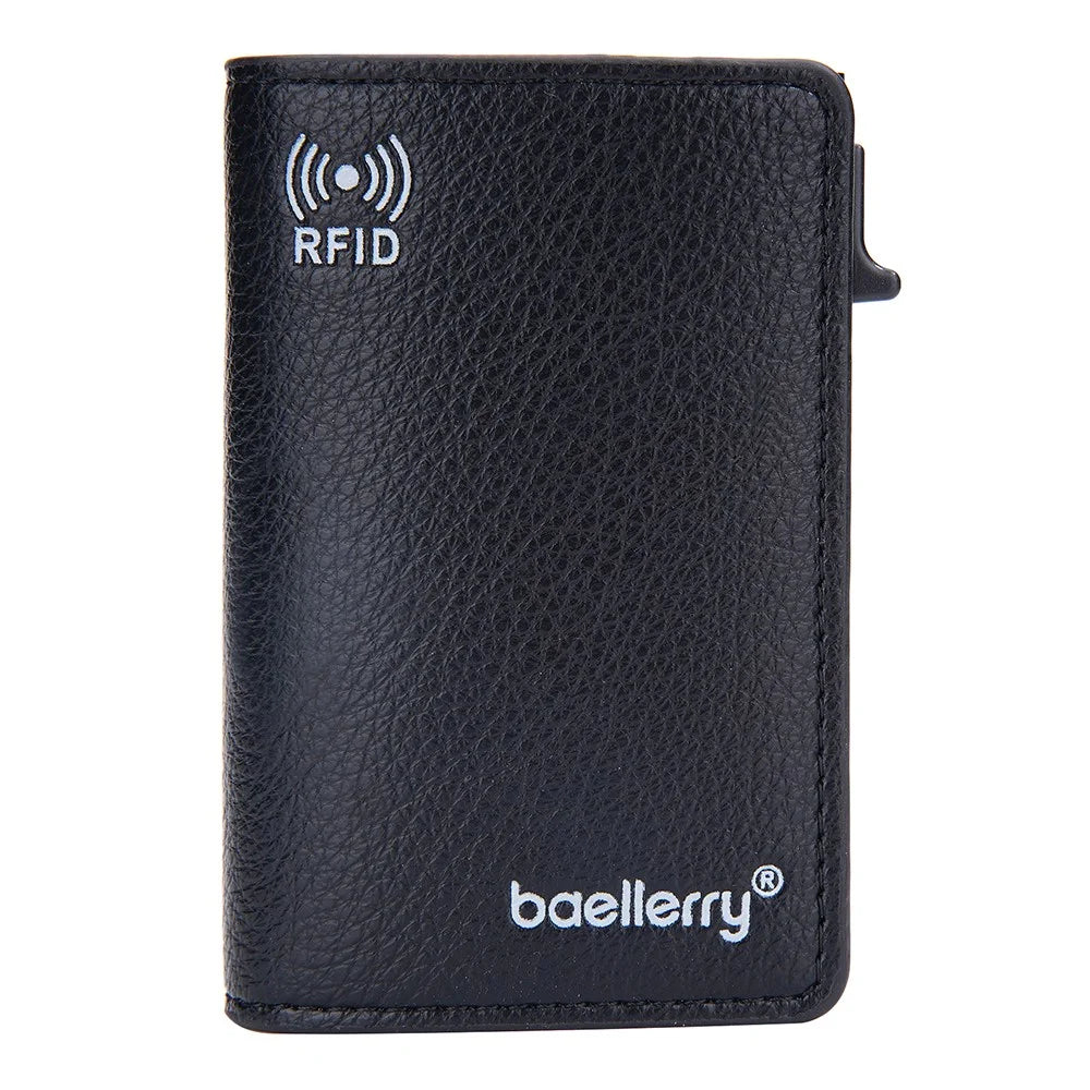 BAELLERRY K9301 RFID Blocking Automatic Pop Up Card Holder Litchi Texture Leather Zinc Alloy Credit Card Case - Black - 2