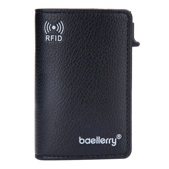 BAELLERRY K9301 RFID Blocking Automatic Pop Up Card Holder Litchi Texture Leather Zinc Alloy Credit Card Case - Black - 2