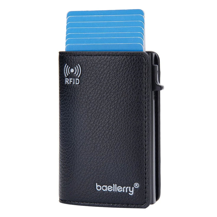 BAELLERRY K9301 RFID Blocking Automatic Pop Up Card Holder Litchi Texture Leather Zinc Alloy Credit Card Case - Black - 3