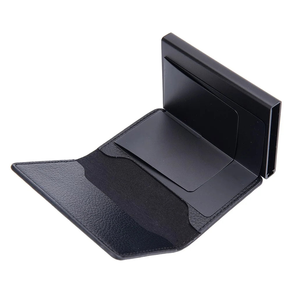 BAELLERRY K9301 RFID Blocking Automatic Pop Up Card Holder Litchi Texture Leather Zinc Alloy Credit Card Case - Black - 7