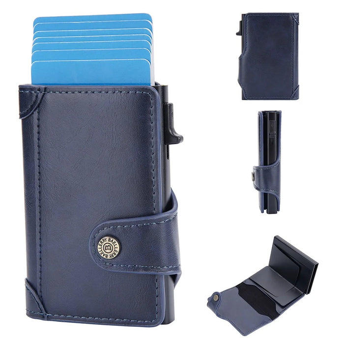 BAELLERRY K9211 Automatic Pop Up Card Case PU Leather Zinc Alloy RFID Blocking Card Holder - Blue - 1