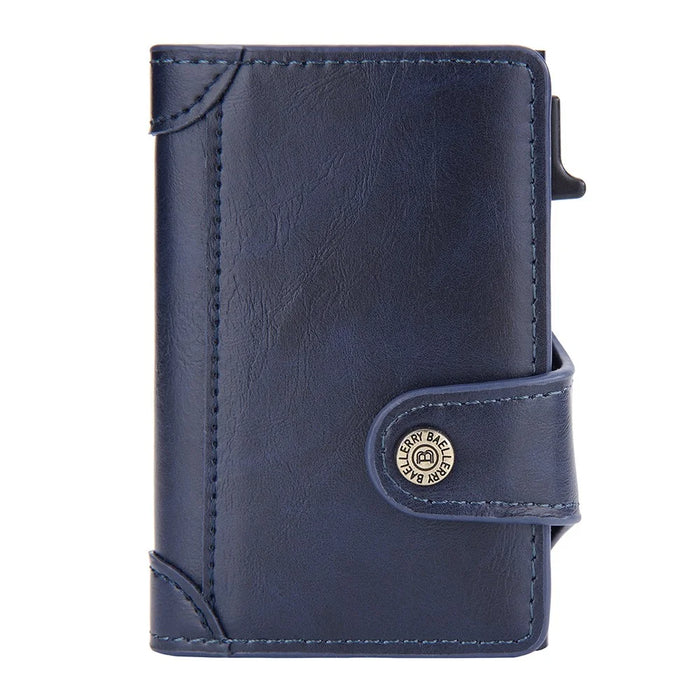 BAELLERRY K9211 Automatic Pop Up Card Case PU Leather Zinc Alloy RFID Blocking Card Holder - Blue - 2