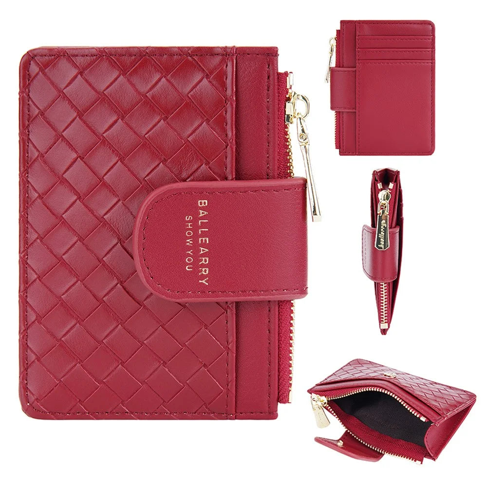 BAELLERRY NR099 Ultra Slim Zipper Coin Purse Women Woven Texture PU Leather Hasp Card Bag - Red - 1