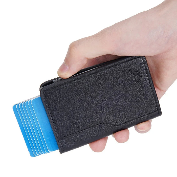 BAELLERRY K9305 Litchi Texture Card Holder Pouch PU Leather Card Storage Bag Easy Push Up - Black - 3